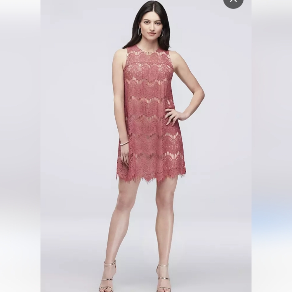 Scalloped Lace Short Sleeveless Shift Dress